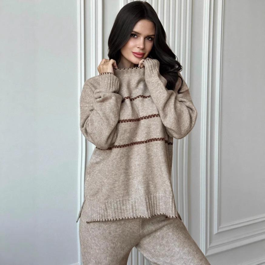 Women's Clothing Casual Loose Color Blocked Knit Sweater Long Sleeved Round Neck Top And Pants Set Autumn And Winter Color Blocked Trim Set_voghion.com