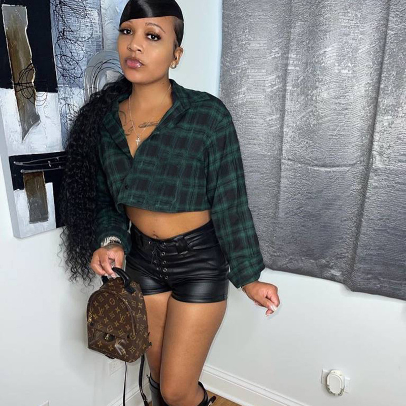 8241DF Nazada European and American Foreign Trade New Cross-border Plaid Shirt Loose Jacket Navel Long Sleeve Personalized Women's Shirt