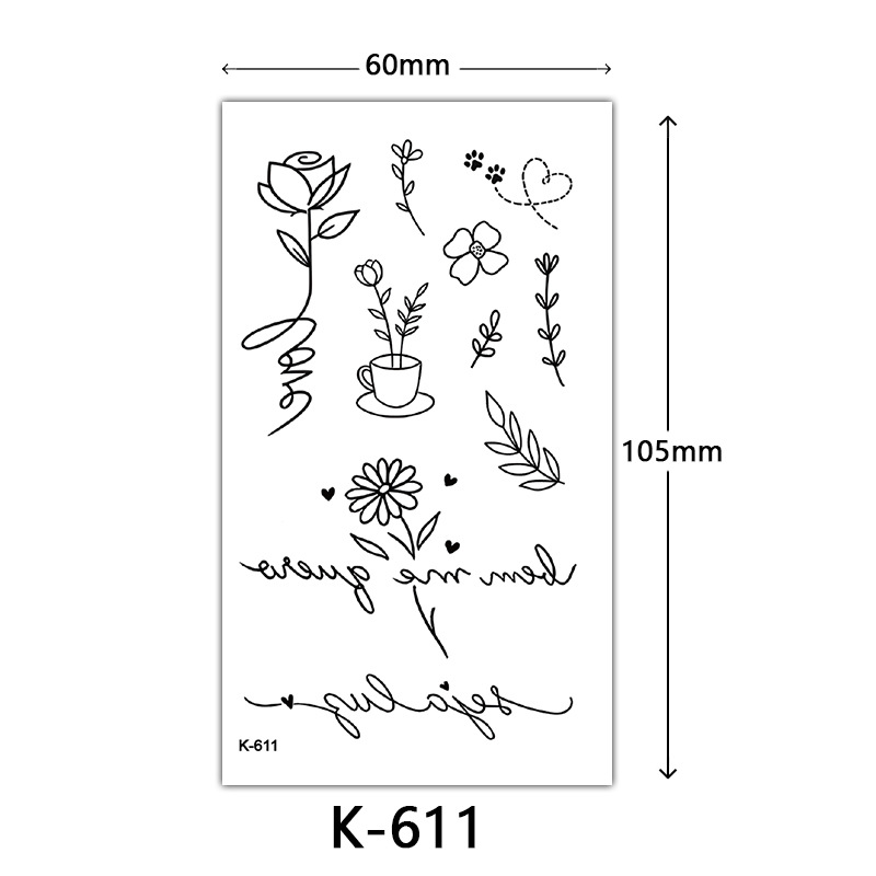 Pequeñas pegatinas de tatuaje frescas letras inglesas flores mariposas líneas de boceto pegatinas de tatuaje impermeables tatuaje