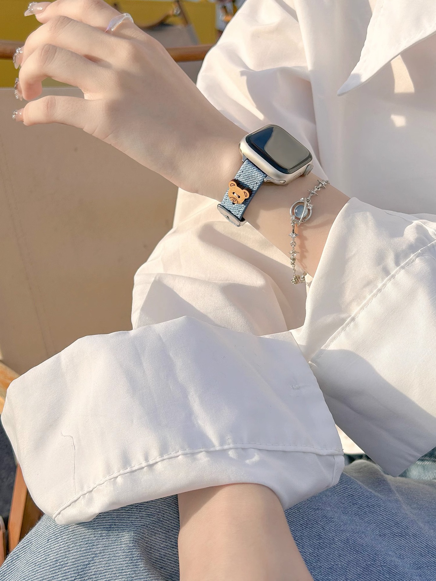 For Apple iwatchS9 Strap New Ultra2 Men's and Women's S8 Summer Denim Leather Sports Fashion Cartoon