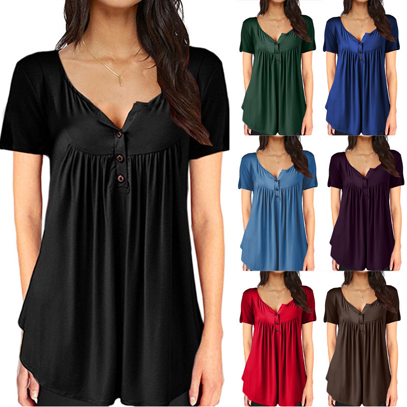 Cross-Border European and American Clothing Aliexpress Amazon Hot-Selling Pleated Button Loose Short-Sleeved T-Shirt Tops