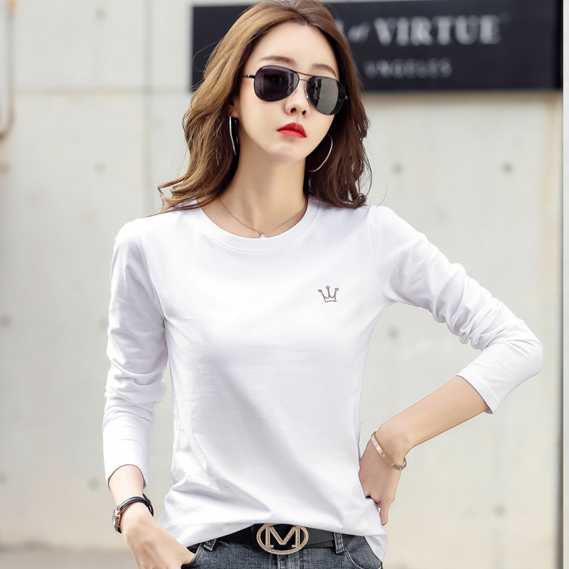 304 Autumn/Winter Solid Color Embroidered Crown Base Shirt Cotton Ins Women's T-Shirt Internet Celebrity Slim Fit Long Sleeve Commuter Slimming