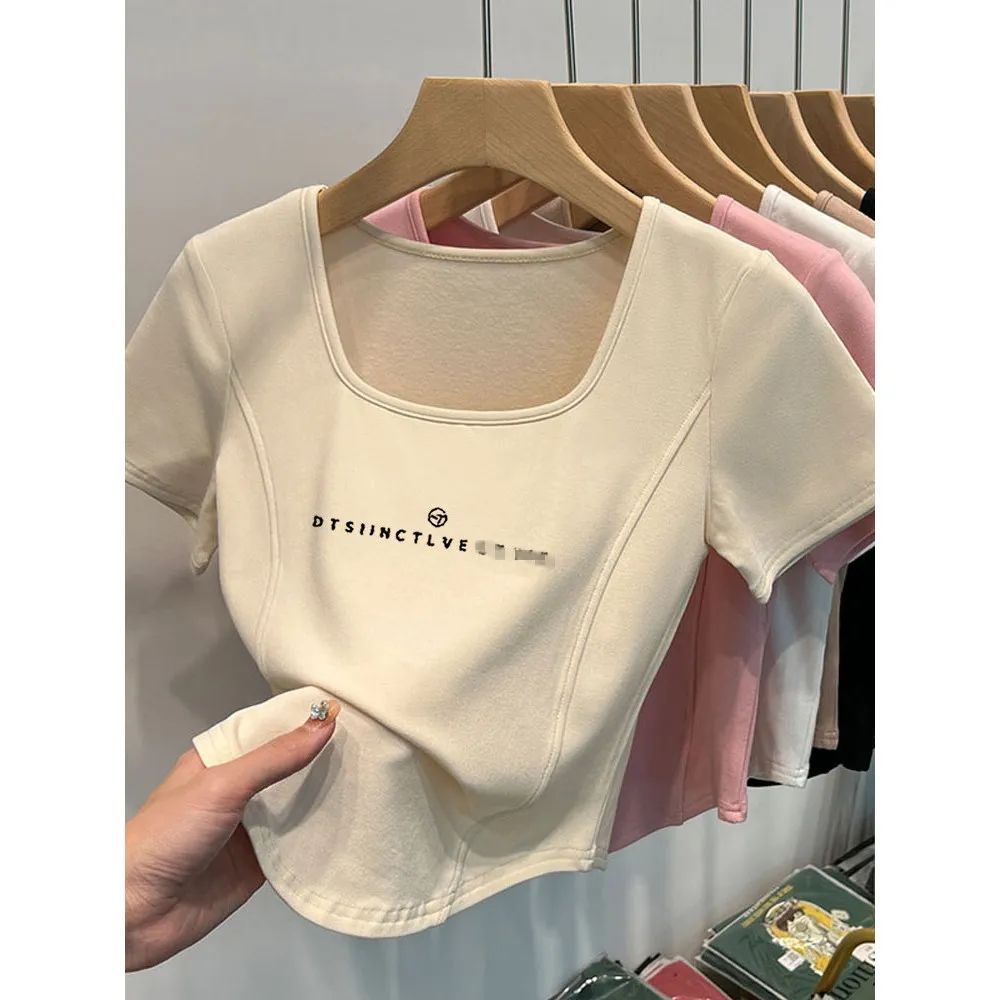 Under the Tree Selected Square Neck Short Sleeve T-Shirt for Women, Summer Curved Hem Versatile Ins Trend Korean Style Slim Casual Top