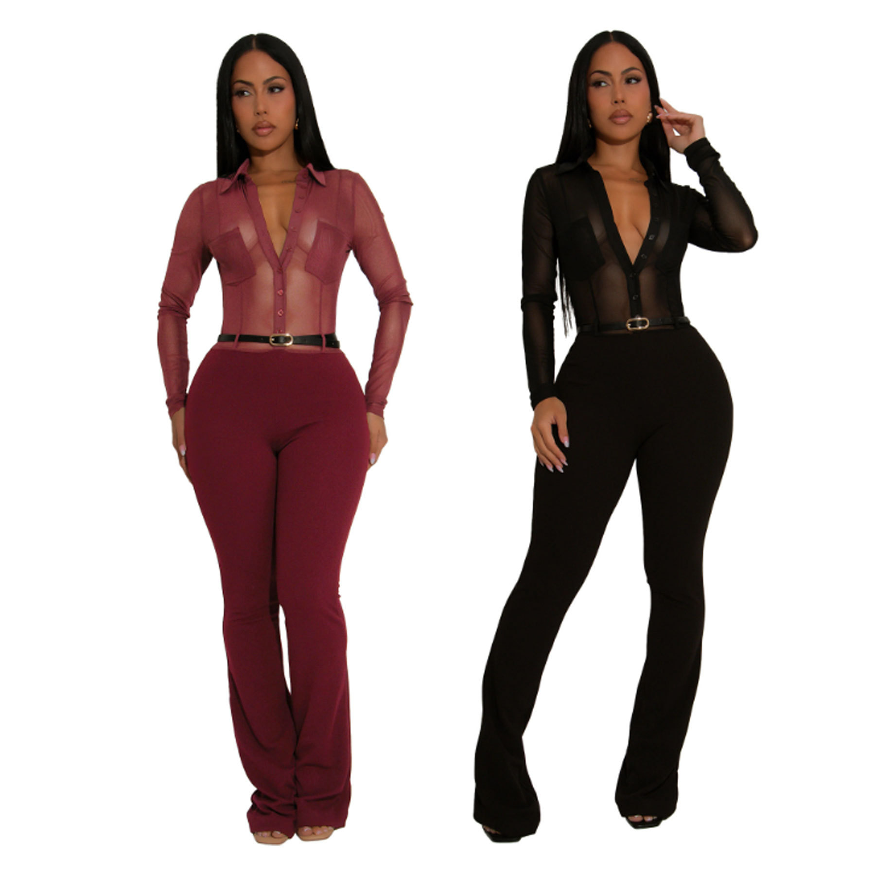 10910 Cross-Border Supply European and American Fashion Women's Clothing Amazon Sexy See-Through Long-Sleeved Tight Jumpsuit Nightclub Pants