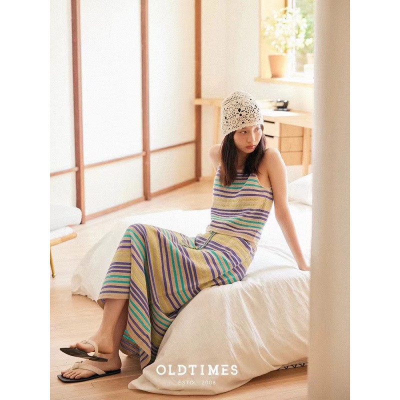 叙旧oldtimes 夏日度假棉麻彩色条纹吊带+半裙悠悠假日