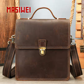 MASIWEI疯马皮时尚单肩包 男士商务休闲邮差包高档简约锁扣斜挎包