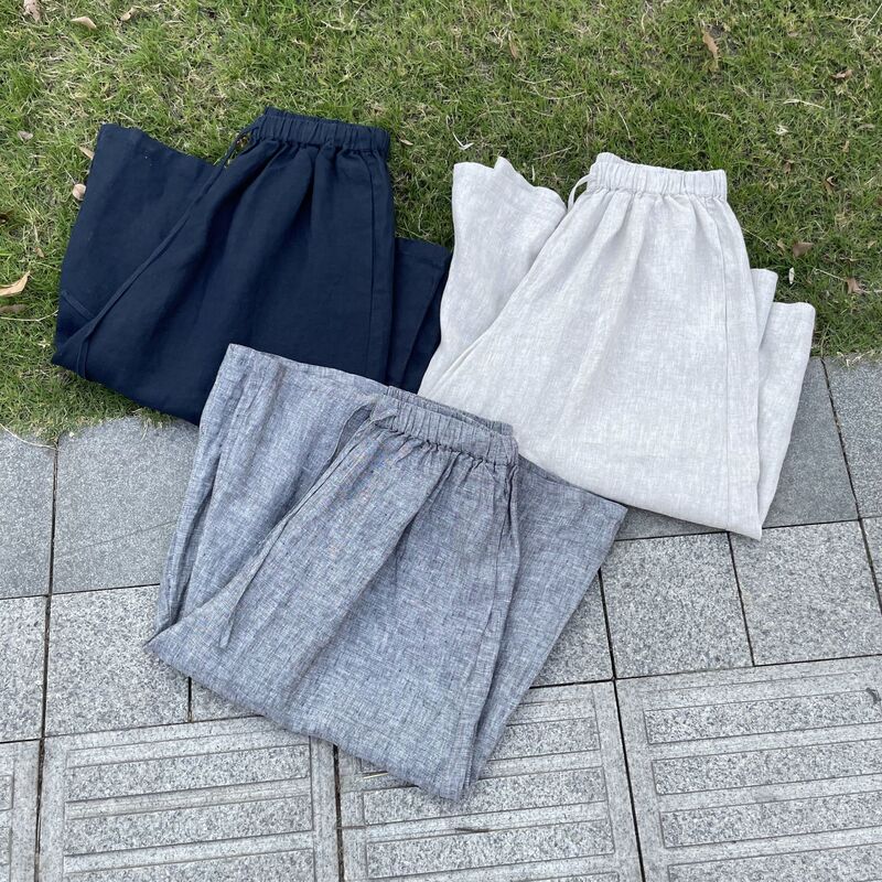 100 Linen Is Cool and Comfortable! Elastic High-Waisted Lightweight Loose Slimming Look Eight-Point Wide-Leg Culottes Casual Pants for Women