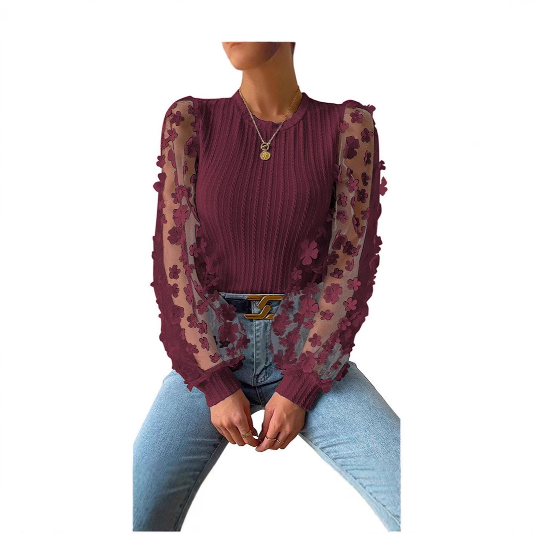 Camicetta in chiffon a fiori scollo rotondo maniche lunghe_voghion.com