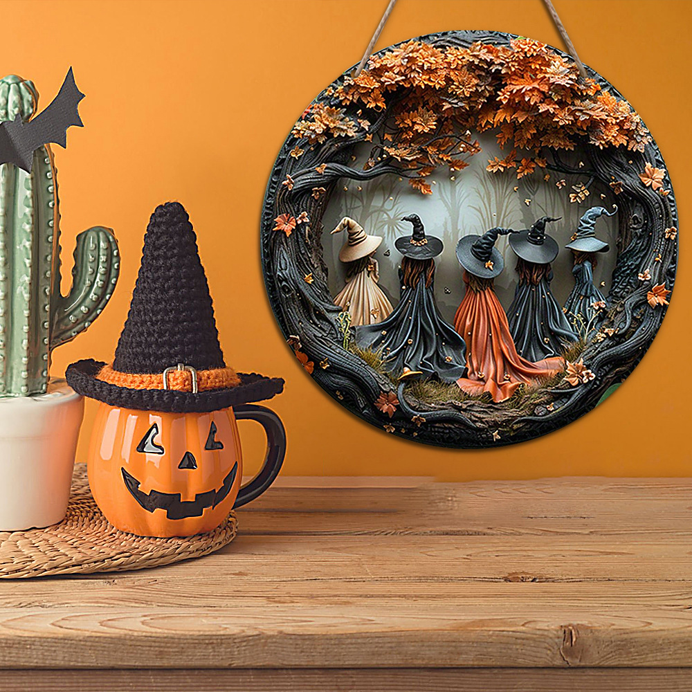 Inventario de Halloween madera porche frontal placa de puerta artesanía de madera lista de decoración de fiesta de Halloween letrero circular