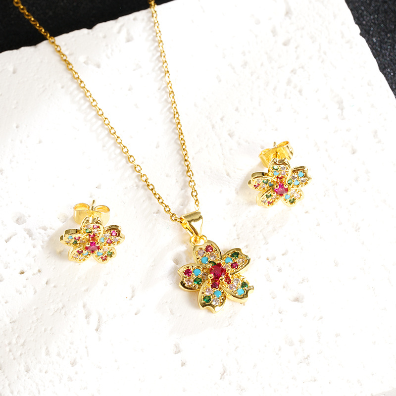 Vietnam Shajin estilo coreano pequeño, fresco, simple, de alta gama, lleno de diamantes, collar de flores de cerezo, pendientes, fuente de joyería que no se desvanece durante mucho tiempo