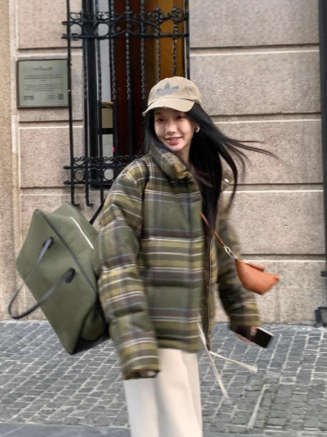 Chaqueta Acolchada A Cuadros para Mujer de Poliéster Térmica con Cremallera para Uso Casual image 1
