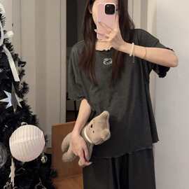 2025夏季莫代尔棉短袖长裤自带胸垫女睡衣家居服