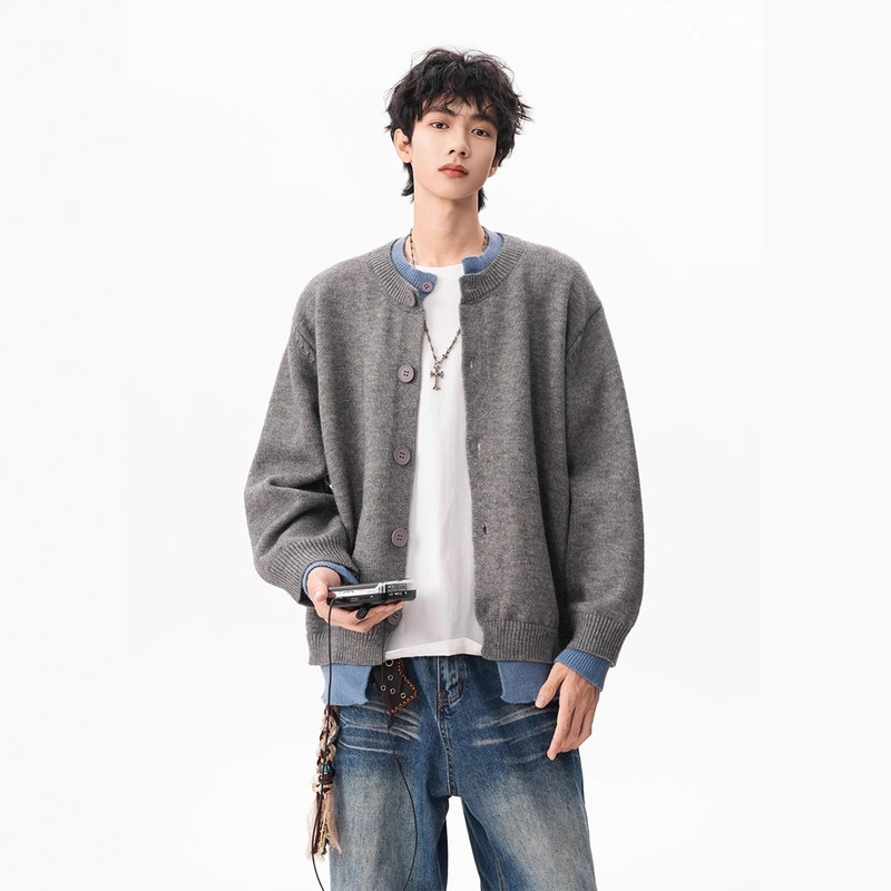 Cleanfit American Retro Fake Two-Piece Cardigan Sweater Men's Relaxed and Lazy Style Couple Henry Collar Jacket Trendy