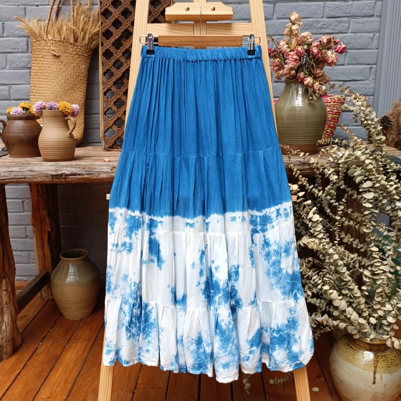 Original Dali Handmade Tie-Dye Blue Batik Stitching Skirt Large Swing Long Dress Travel Women's Four-Section Large Swing Dress