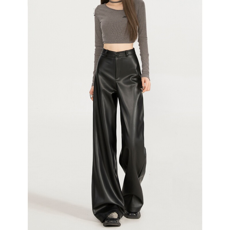 Korean-Style Versatile Fashion Thickened Leather Pants for Slightly Plump Women, New Spring and Autumn High-Waisted Black Casual Wide-Leg Pants