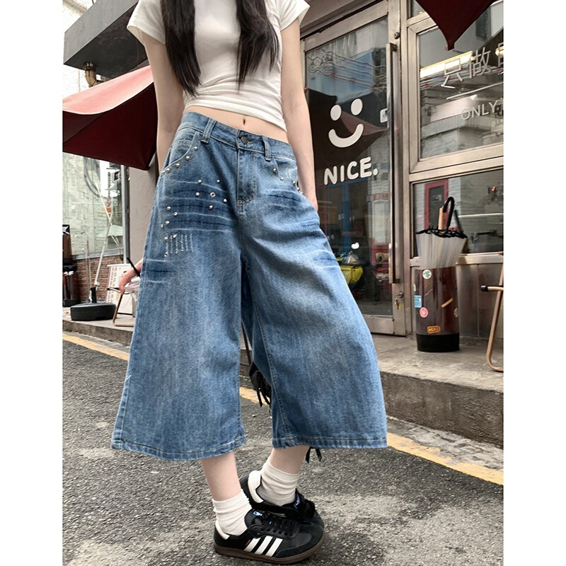 Blue Trendy Personality Denim Cropped Pants for Women 2026 Spring/Summer Washed High-Waisted Versatile Loose Wide-Leg Jeans Blue Trendy Personality Denim Cropped Pants for Women 2026 Spring/Summer Washed High-Waisted Versatile Loose Wide-Leg Jeans