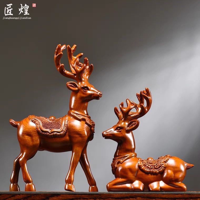花梨木实木雕刻梅花鹿摆件一对麋鹿工艺品摆设酒柜装饰室内户外
