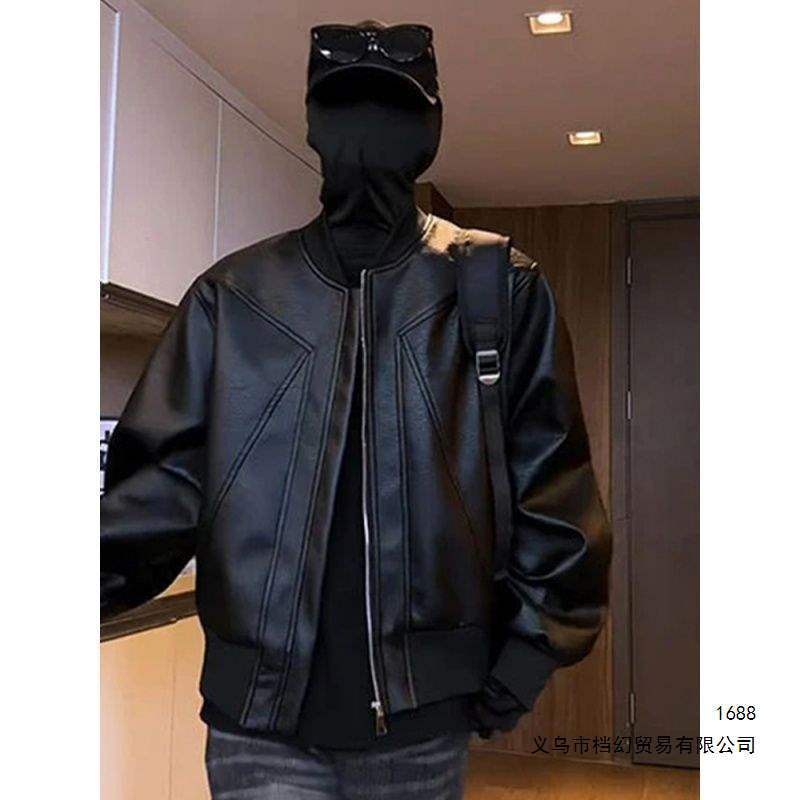 设计感痞帅正肩复古皮衣夹克红内短款美式咖啡色感PU皮飞行员