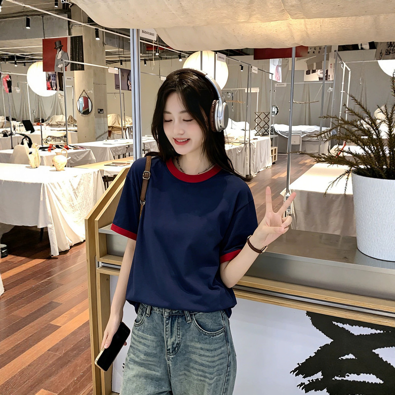Cross-Border Foreign Trade Korean Style Summer Color-Blocked Collar Personalized Contrasting Color Short-Sleeve T-Shirt DIY Cotton Base Shirt Casual Women's Clothing Wholesale