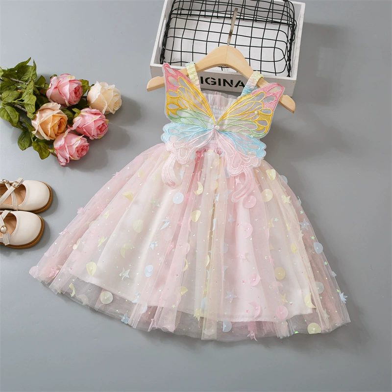 Платье для девочек Летнее 2024 новый детский сетка бант подтяжка юбка девушка пушистая сетка юбка принцессы