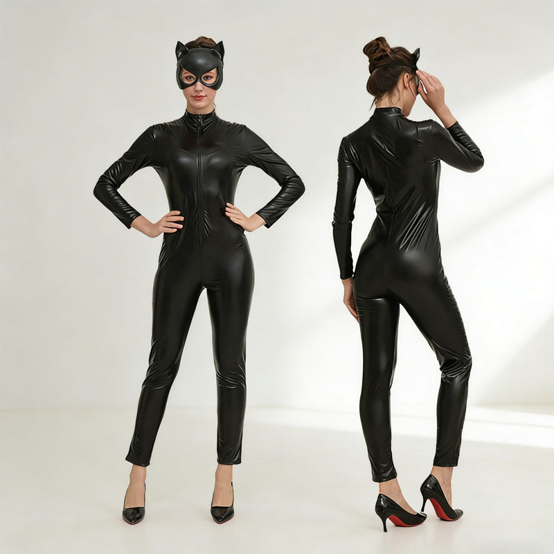 万圣节猫女郎连体衣 女士派对性感束身服装 情趣拉链服装带面具