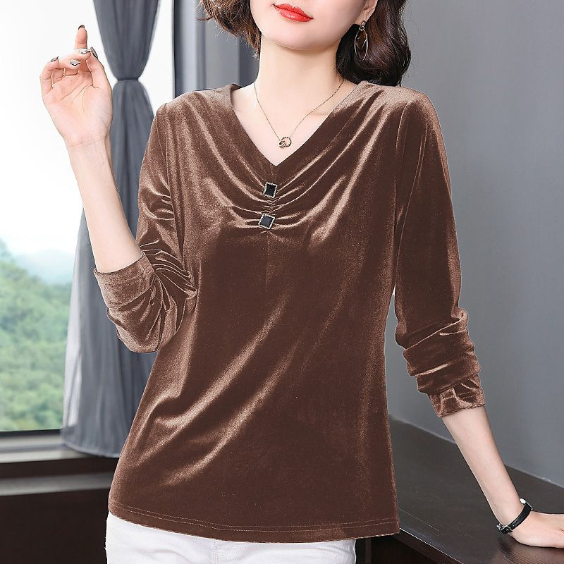 Plus-Size Women's Long-Sleeve T-Shirt, 2026 New Spring and Autumn Velvet Top for Moms, Stylish Base Shirt