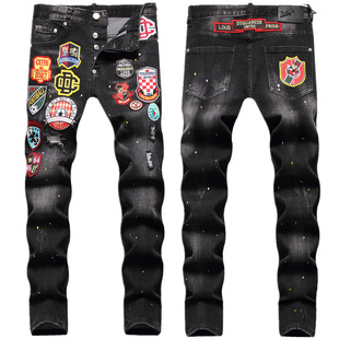European and American Italian Trendy Brand Trendy Men's Street Matching Badge Embroidery Stretch Ripped Slim-fit Small Straight Jeans Men