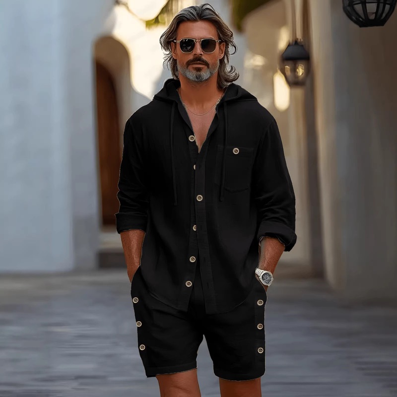 Cross-Border European and American Men's Four-Season Long-Sleeved Hooded Shirt + Shorts Two-Piece Daily Casual Beach Suit