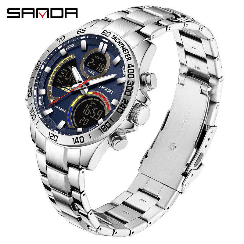 SANDA moda doble pantalla reloj electrónico para hombres multifuncional gran dial reloj de estudiantes de luz nocturna reloj de pulsera