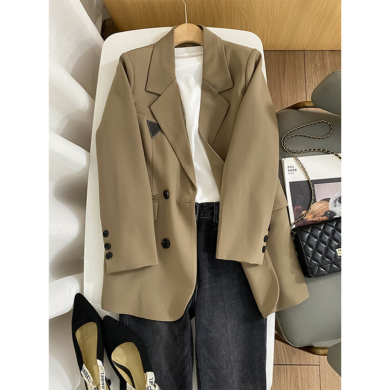 In stock new khaki with leather belt thin blazer for women Spring