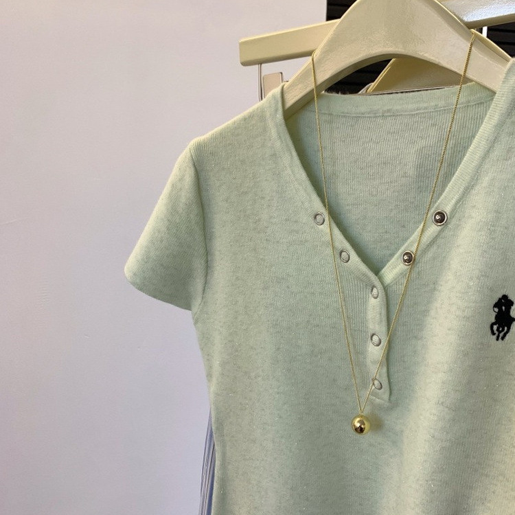 zdm プラスサイズ 150kg 個別におすすめ〜ポニー刺繍半袖 Tシャツレディース夏ボタン V ネックニットトップスイン|undefined