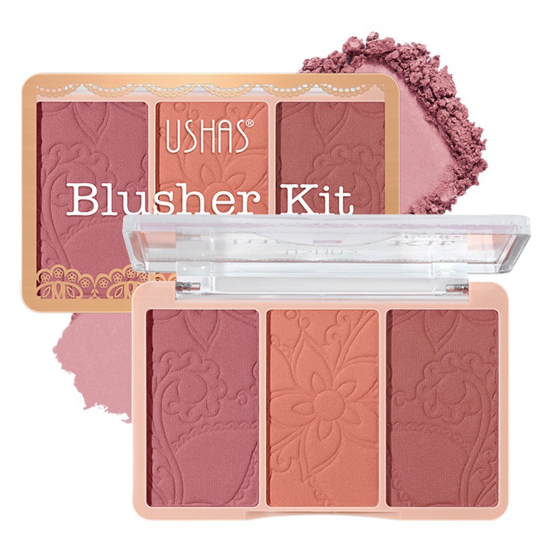 USHAS Amazon mezcla transfronteriza colorete degradado de tres colores plato de reparación de maquillaje desnudo natural rosa no es fácil de volar