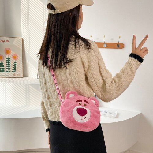Strawberry Bear Plush Bag, Western and Cute Crossbody Bag,  New Three-Eyed Shoulder Bag, Winnie the Pooh Cartoon Bag