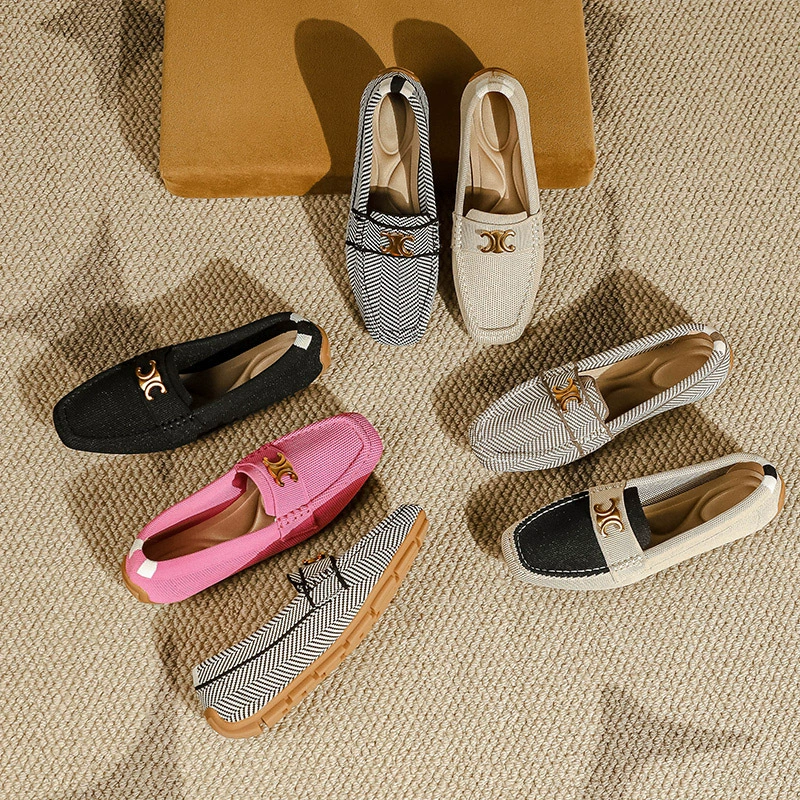Туфли принцессы на плоской подошве с мягкой подошвой, тканые однослойные туфли с квадратным носком, вязаные тканые трансграничные внешние торговые повседневные лоферы, лоферы для женщин
