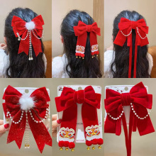 新年儿童蝴蝶结发夹女童过年中国风红色飘带发卡女孩新年夹子发饰