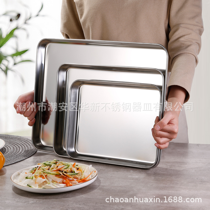 Cross-border 304 stainless steel steamed rice noodle plate square plate barbecue plate tray baking plate rectangular flat household plate
