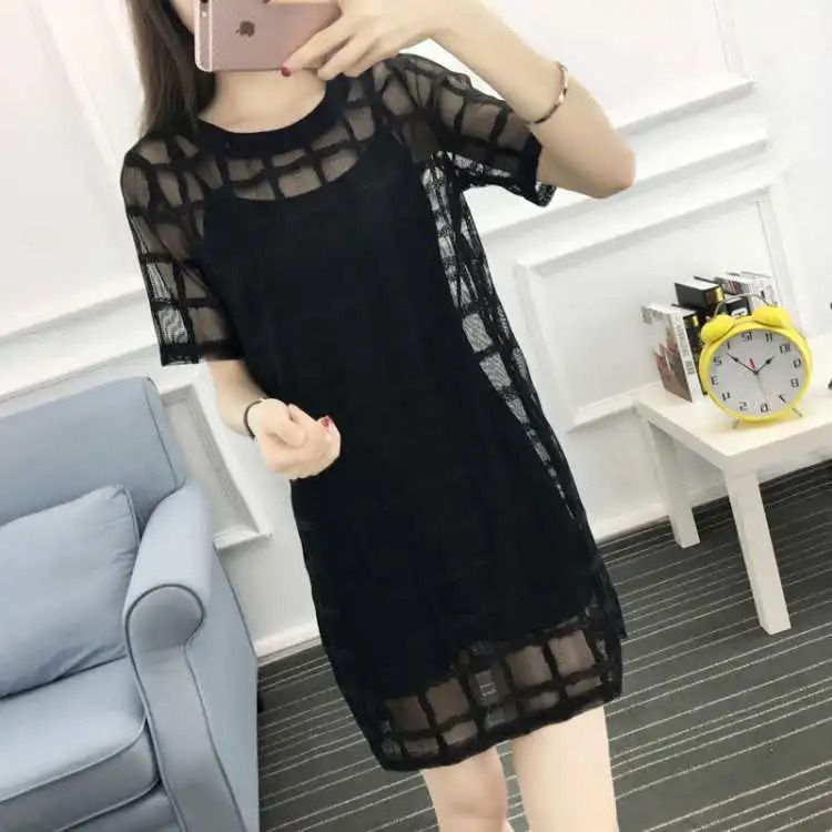 New summer Plaid mesh coat dress mid-length hollow-out slimming elegant meat-covering small skirt