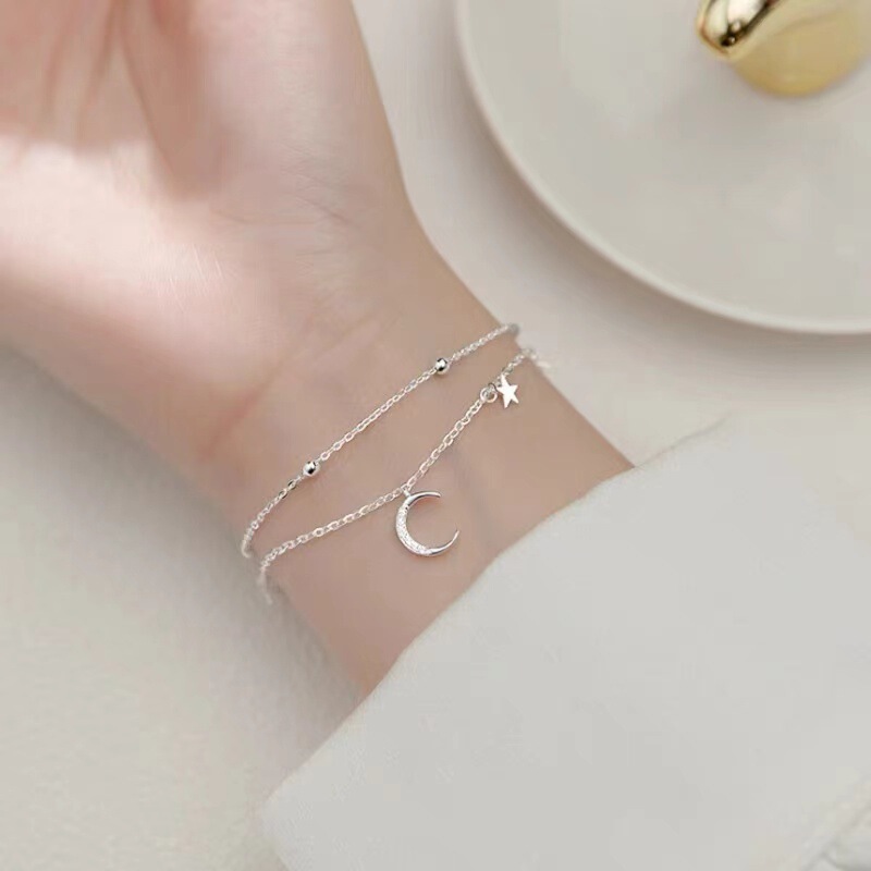 925 Silver Plated Double Layer Star Moon Bracelet Girls Ins Light Luxury Niche Ladies 2024 New Student Gift