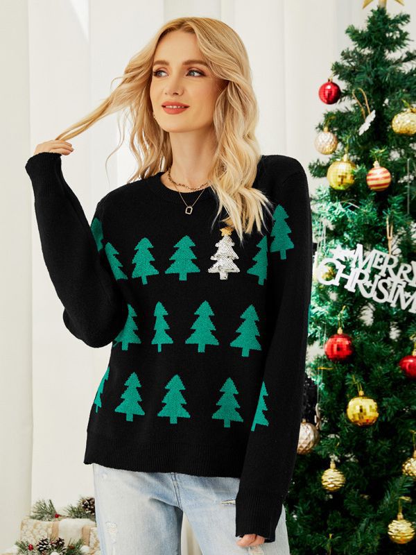 Shein Amazon de las mujeres europeas y americanas de otoño e invierno Jersey jacquard suéter de árbol de Navidad de manga larga rojo suéter de Navidad