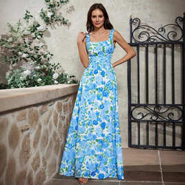 法式吊带连衣裙复古洋气方领礼服收腰大摆度假碎印花裙气质长裙女