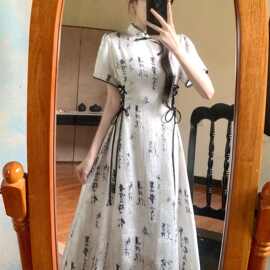 2025夏季女新中式穿搭改良国风水墨印花旗袍裙气质显瘦连衣裙系带