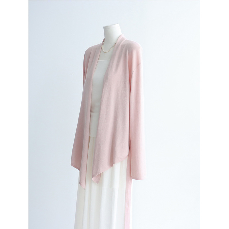 Tencel Lyocell Lazy Knit Cardigan with Belt, Loose-Fitting Sun-Protective Outerwear, Summer Long-Sleeved Lightweight Air-Conditioning Shirt