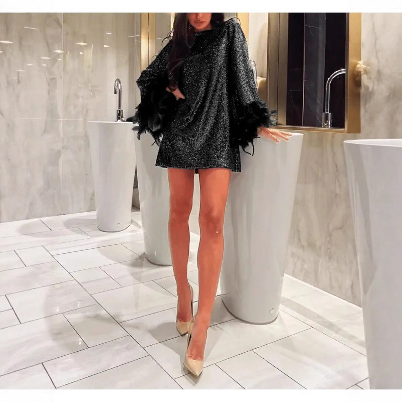 2026 Europäischer und amerikanischer Außenhandel grenzüberschreitendes neues sexy langärmeliges 3-Farben-Paillettenkleid mit V-Ausschnitt und Schnürung, elegantes kurzes Rockkleid