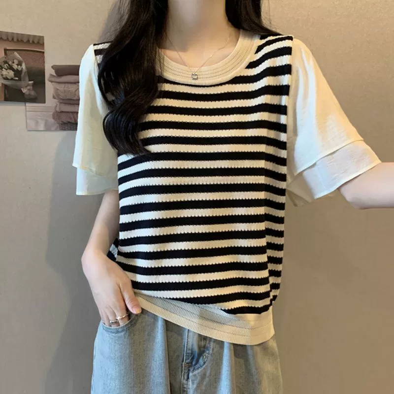 Женская полосатая футболка с короткими рукавами больших размеров, лето 2025, новая шифоновая футболка для похудения, закрывающая живот, топ с половиной рукавов
