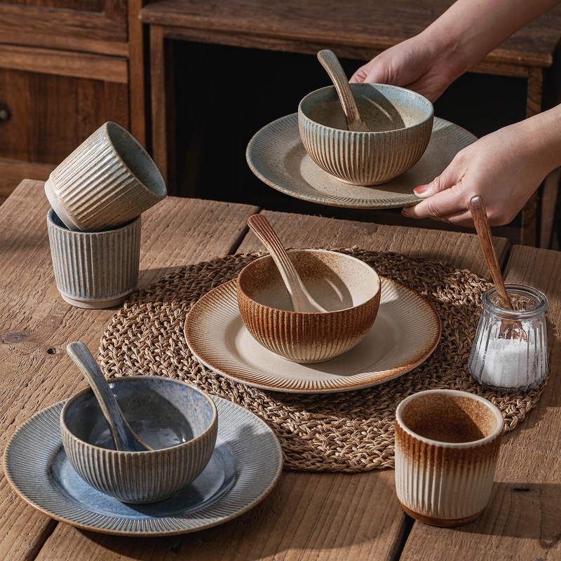 Chaozhou Ceramic Set for One Person, Retro Clay Tableware, Japanese Hotel Ceramic Dishes, Plates, Bowls, Chopsticks and Spoons Wholesale