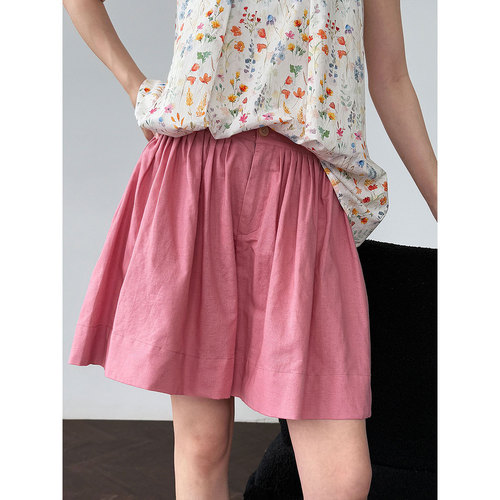 Lüxi Korean-style minimalist cotton-linen wide-leg shorts for women, summer new cool pleated A-line high-waist casual pants 1905