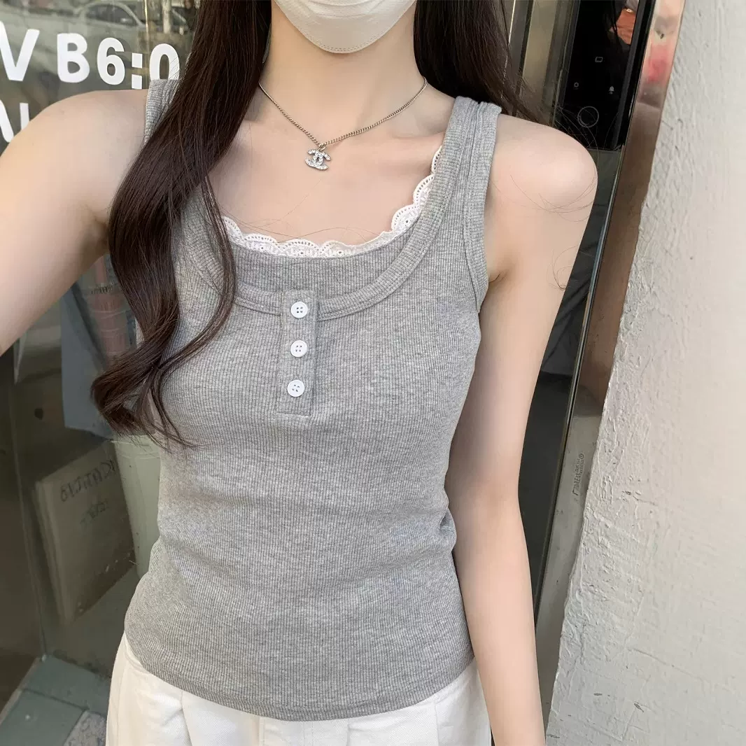 蕾丝吊带假两件工字背心女夏季新款修身显瘦纽扣小众内搭短款上衣