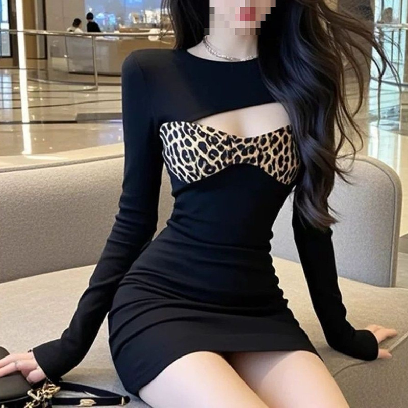 American-Style Spicy Girl Design with Leopard Print Patchwork Long-Sleeve Dress, Feminine and Mature Style, Slim-Fitting Bodycon Short Dress