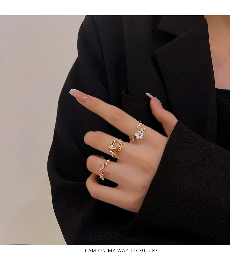 Retro Flower Copper Inlay Zircon Open Ring 1 Piece