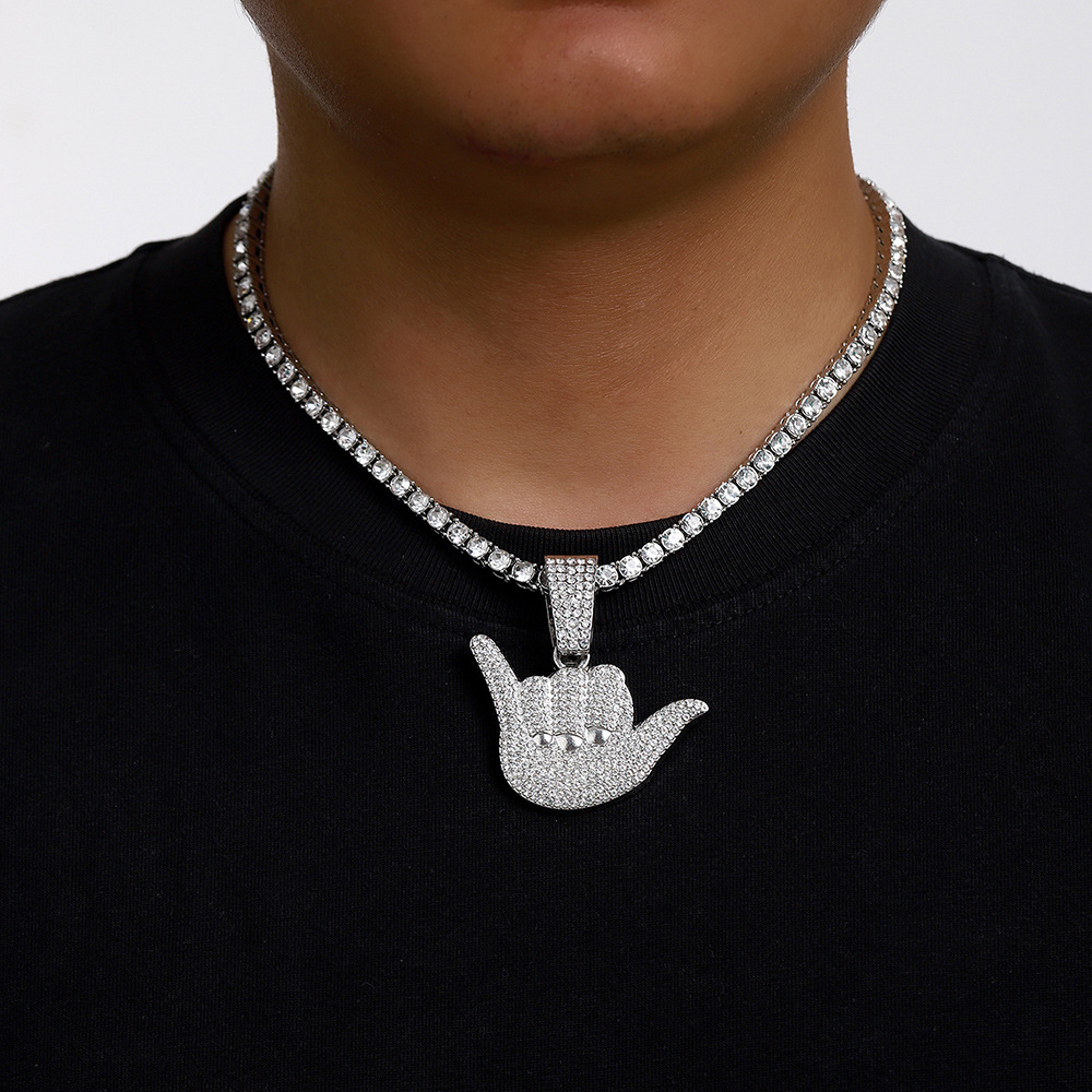 Collar con Colgante de Aleación con Diamantes Completos, Diseño de Gestos de la Suerte, Personalizado, Estilo Hip-Hop para Hombre, Cadena Cubana, Anillo de Dedo Texturizado